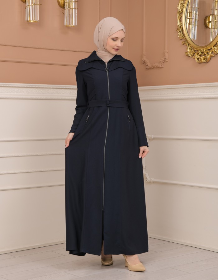 Belted Zippered Clarita Hooded Topcoat 1224 - deep blue