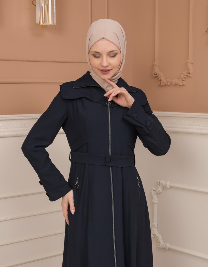 Belted Zippered Clarita Hooded Topcoat 1224 - deep blue