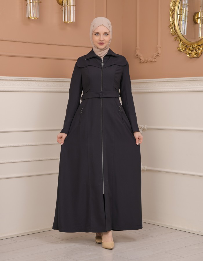 Belted Zippered Clarita Hooded Topcoat 1224 - Antrasıt