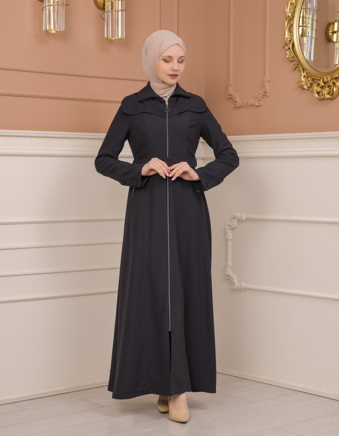 Belted Zippered Clarita Hooded Topcoat 1224 - Antrasıt
