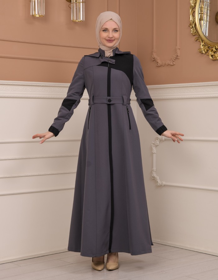 Belted Zippered Parachute Hooded Topcoat 1227 - Antrasıt