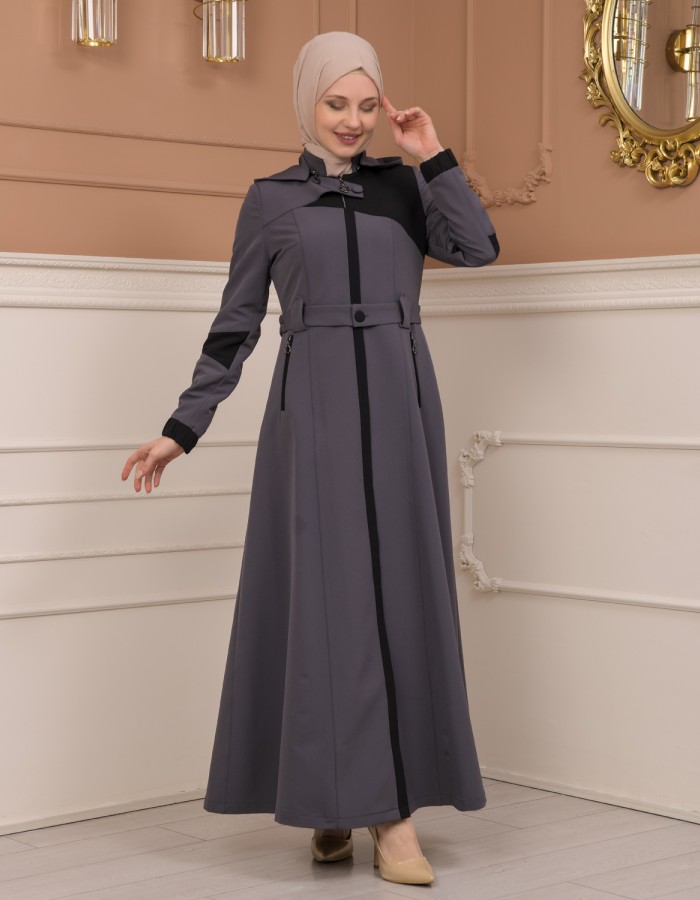 Belted Zippered Parachute Hooded Topcoat 1227 - Antrasıt