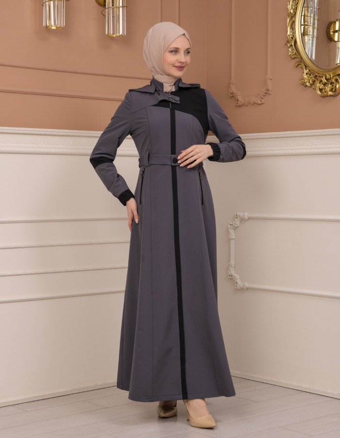Belted Zippered Parachute Hooded Topcoat 1227 - Antrasıt