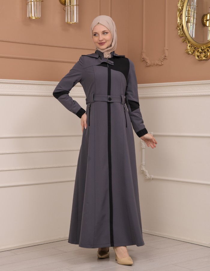 Belted Zippered Parachute Hooded Topcoat 1227 - Antrasıt