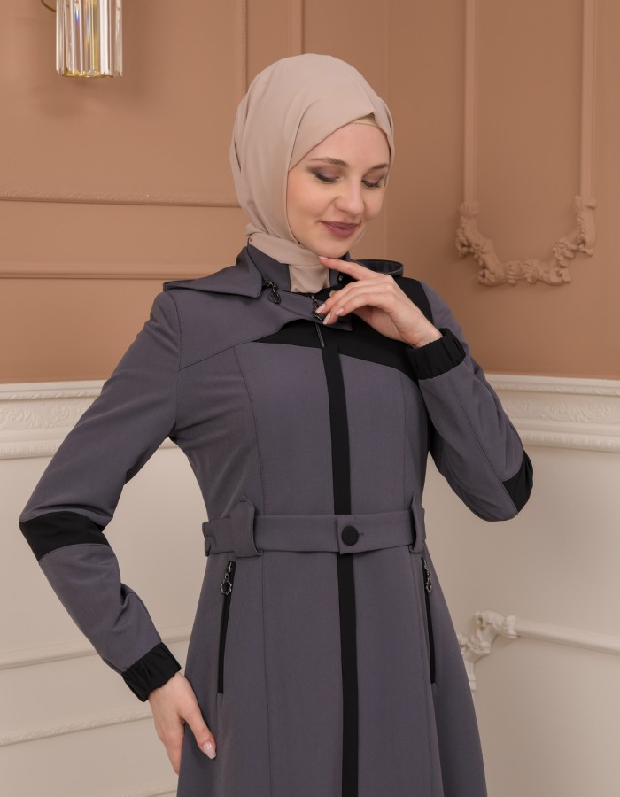 Belted Zippered Parachute Hooded Topcoat 1227 - Antrasıt