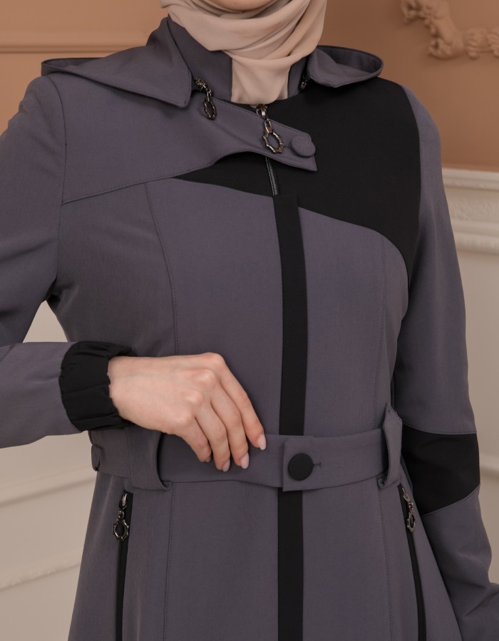 Belted Zippered Parachute Hooded Topcoat 1227 - Antrasıt