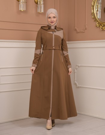 Regenmanto aus Fallschirmstoff mit Satinfutter und abnehmbarer Kapuze 1227 - Cognac
