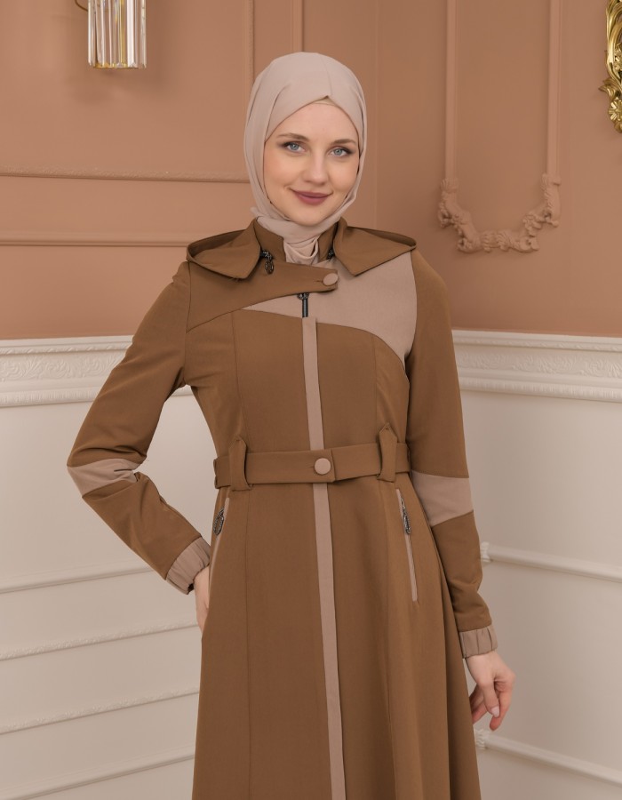 Belted Zippered Parachute Hooded Topcoat 1227 - tan