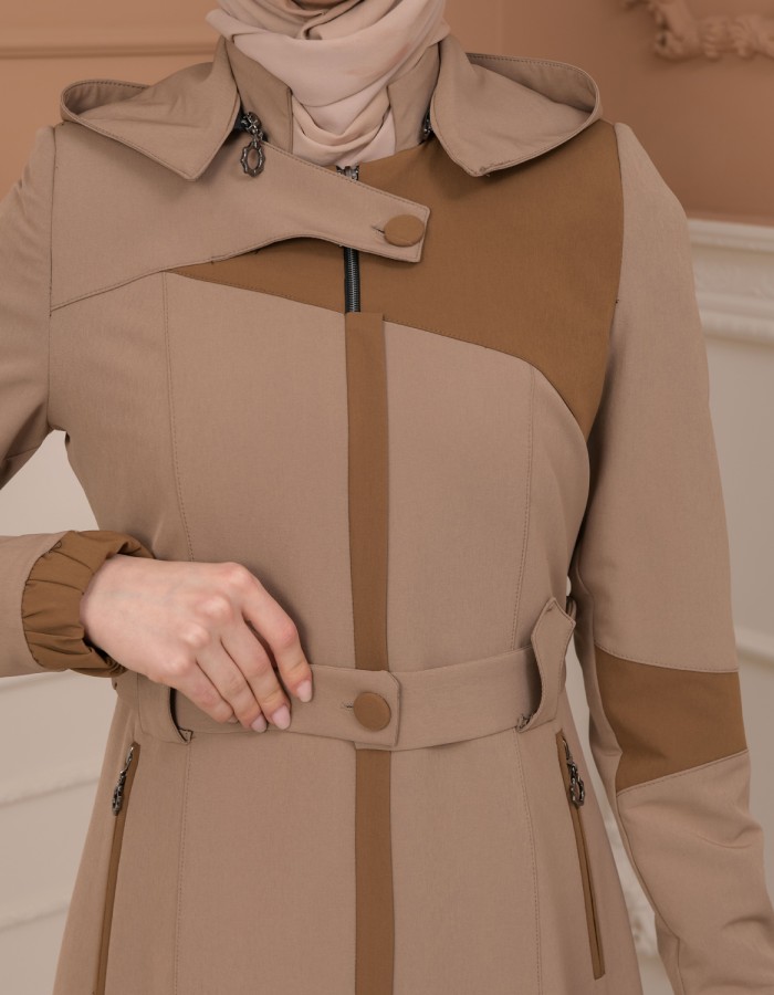 Belted Zippered Parachute Hooded Topcoat 1227 - light brown