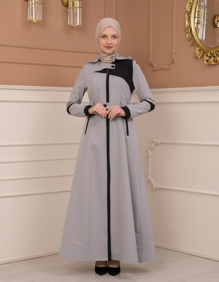 Belted Zippered Parachute Hooded Topcoat 1227 - gray