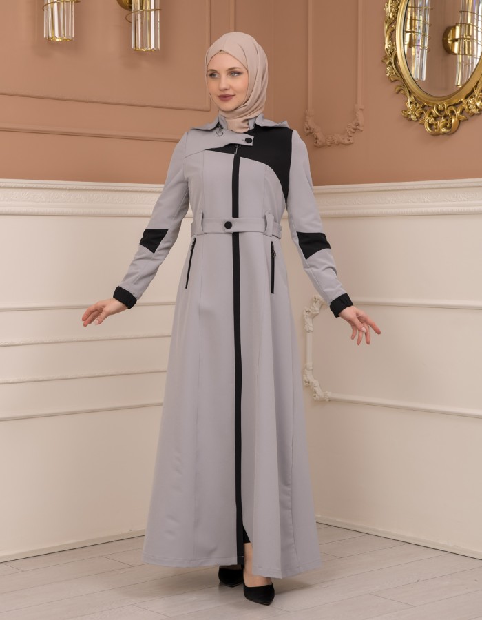 Belted Zippered Parachute Hooded Topcoat 1227 - gray