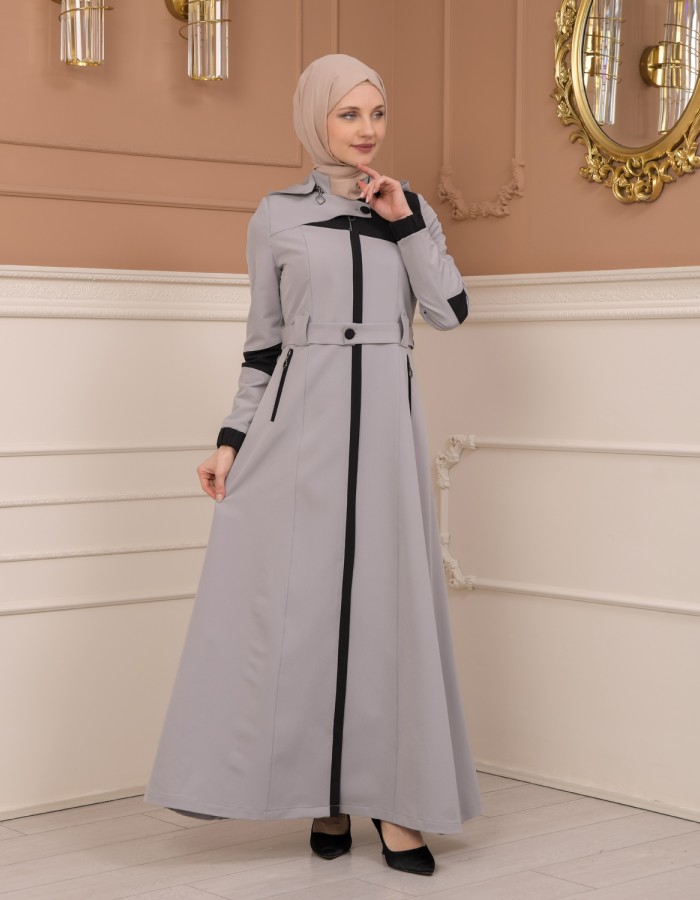 Belted Zippered Parachute Hooded Topcoat 1227 - gray
