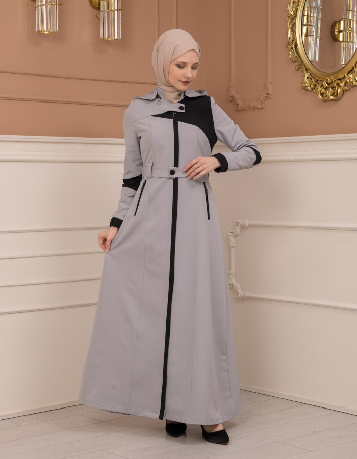 Belted Zippered Parachute Hooded Topcoat 1227 - gray