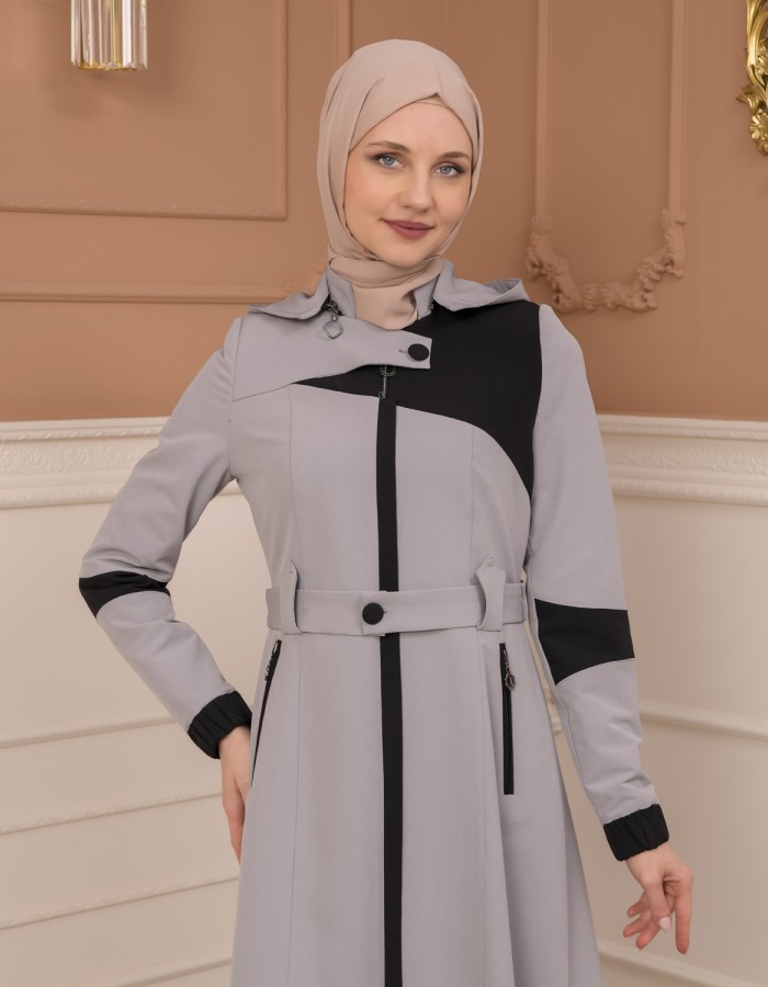 Belted Zippered Parachute Hooded Topcoat 1227 - gray