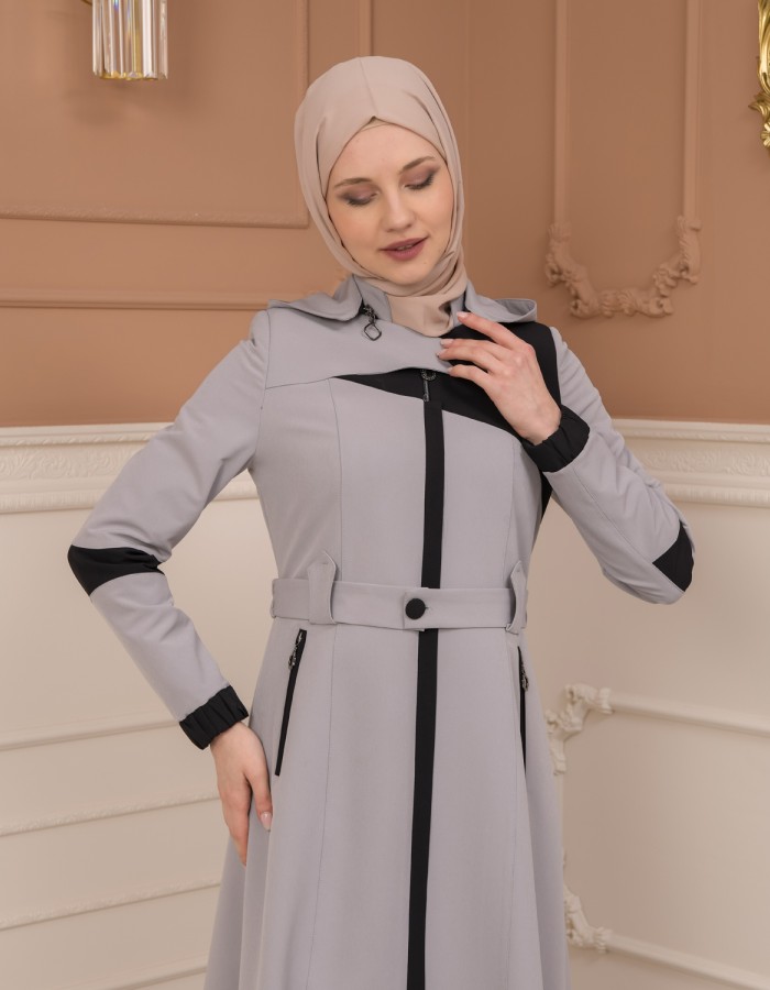 Belted Zippered Parachute Hooded Topcoat 1227 - gray