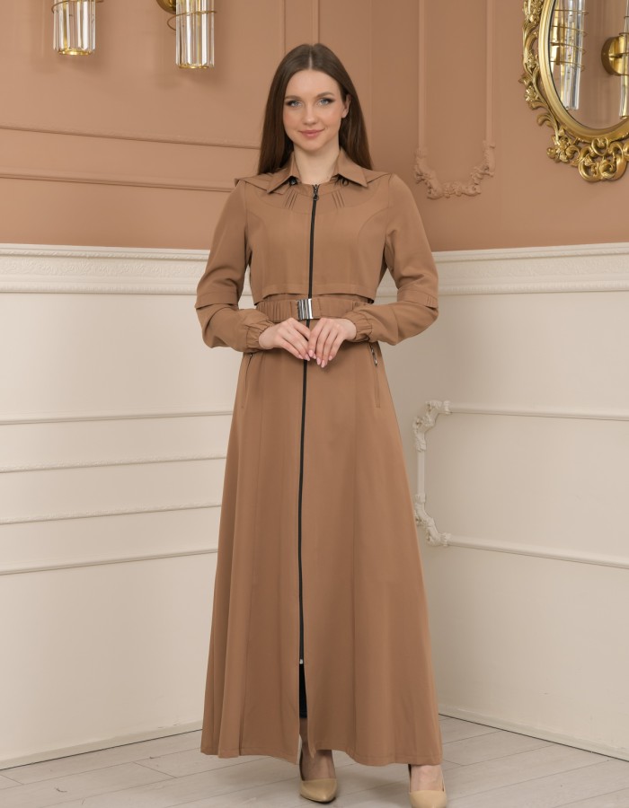 Belted Zippered Prada Hooded Abaya Dress 1228 - beige