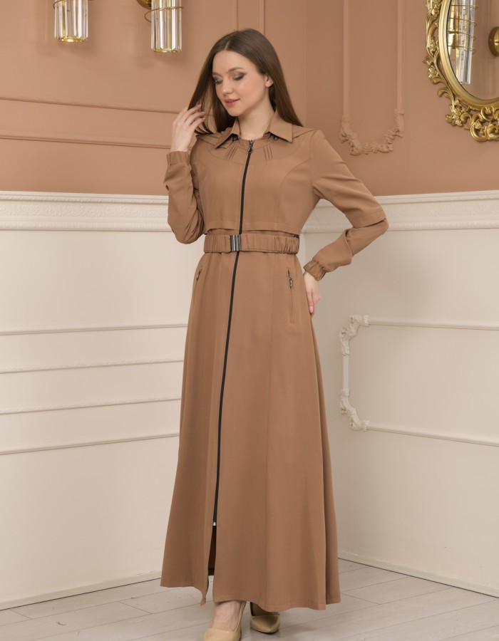 Belted Zippered Prada Hooded Abaya Dress 1228 - beige