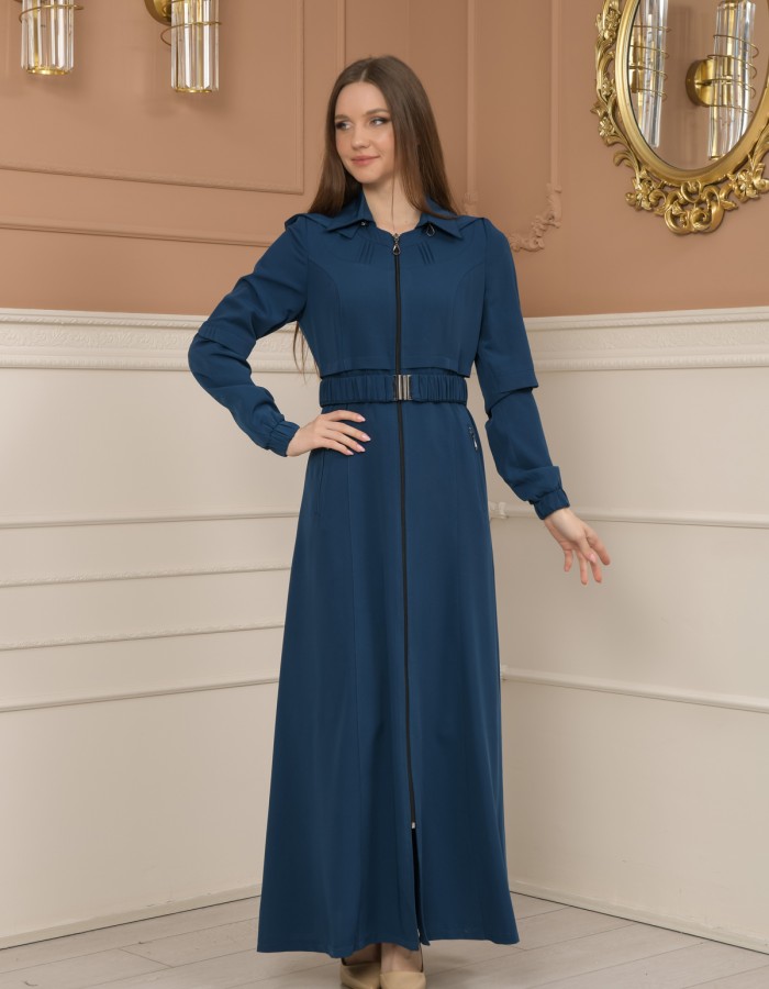 Belted Zippered Prada Hooded Abaya Dress 1228 - turquoise