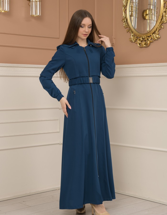 Belted Zippered Prada Hooded Abaya Dress 1228 - turquoise