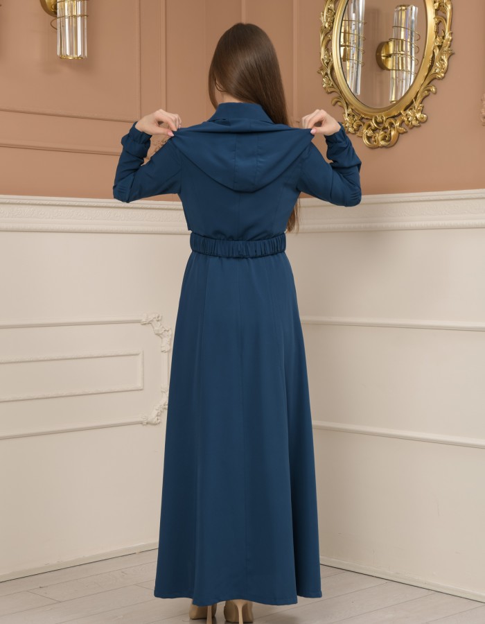 Belted Zippered Prada Hooded Abaya Dress 1228 - turquoise