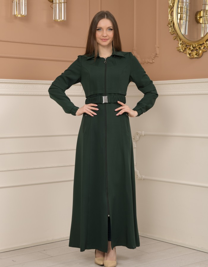 Belted Zippered Prada Hooded Abaya Dress 1228 - green