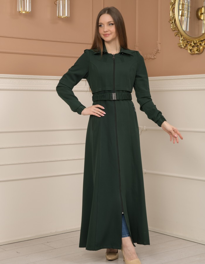 Belted Zippered Prada Hooded Abaya Dress 1228 - green