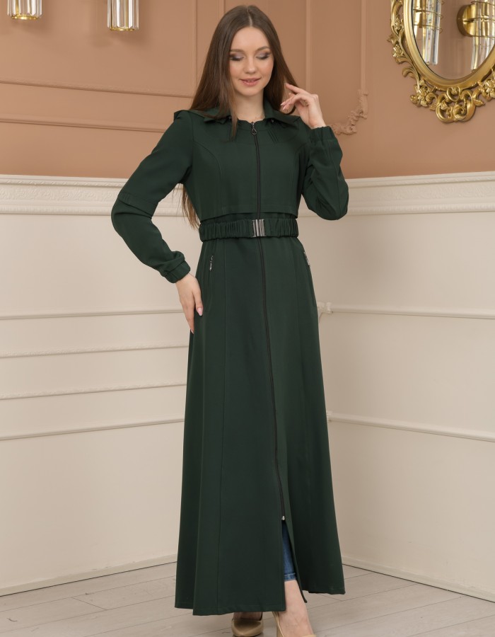 Belted Zippered Prada Hooded Abaya Dress 1228 - green