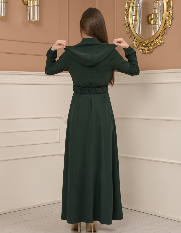 Belted Zippered Prada Hooded Abaya Dress 1228 - green