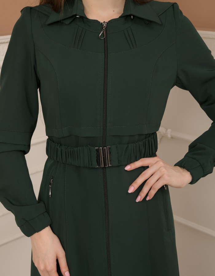 Belted Zippered Prada Hooded Abaya Dress 1228 - green