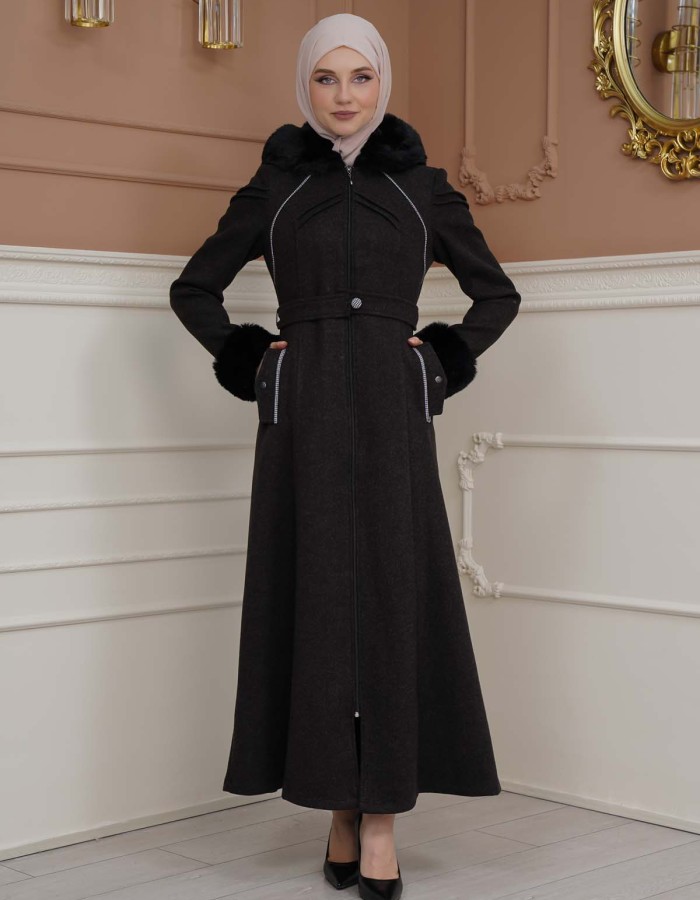 FURRY SLEEVE AND HOOD HIJAB TOPCOAT 1356 - black