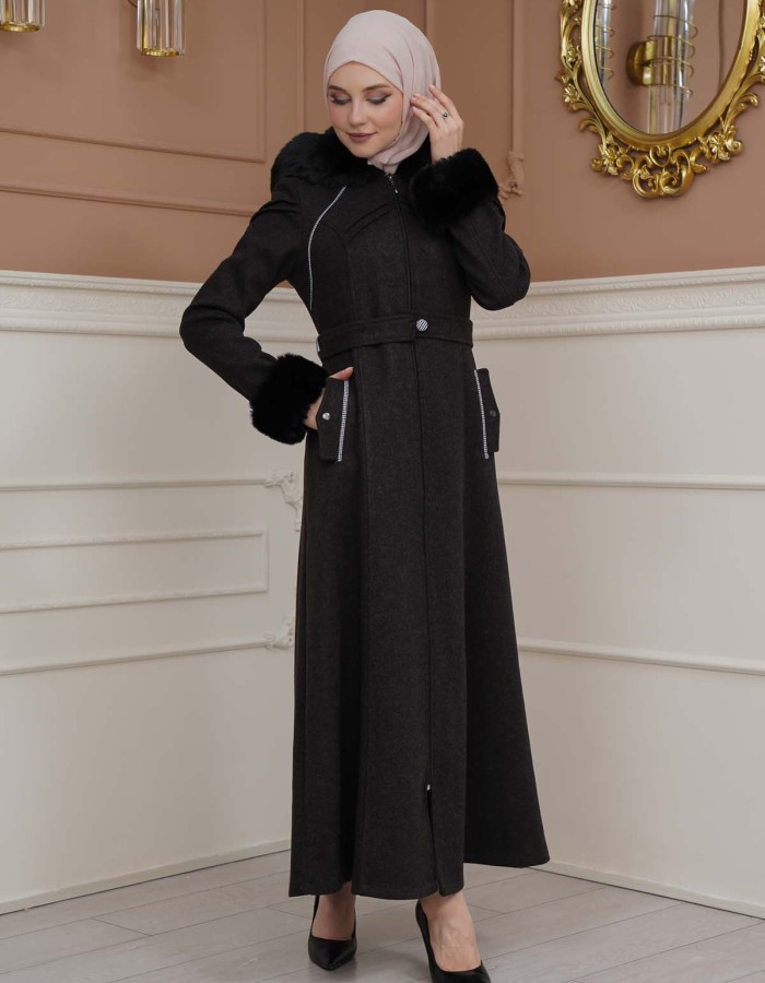 FURRY SLEEVE AND HOOD HIJAB TOPCOAT 1356 - black