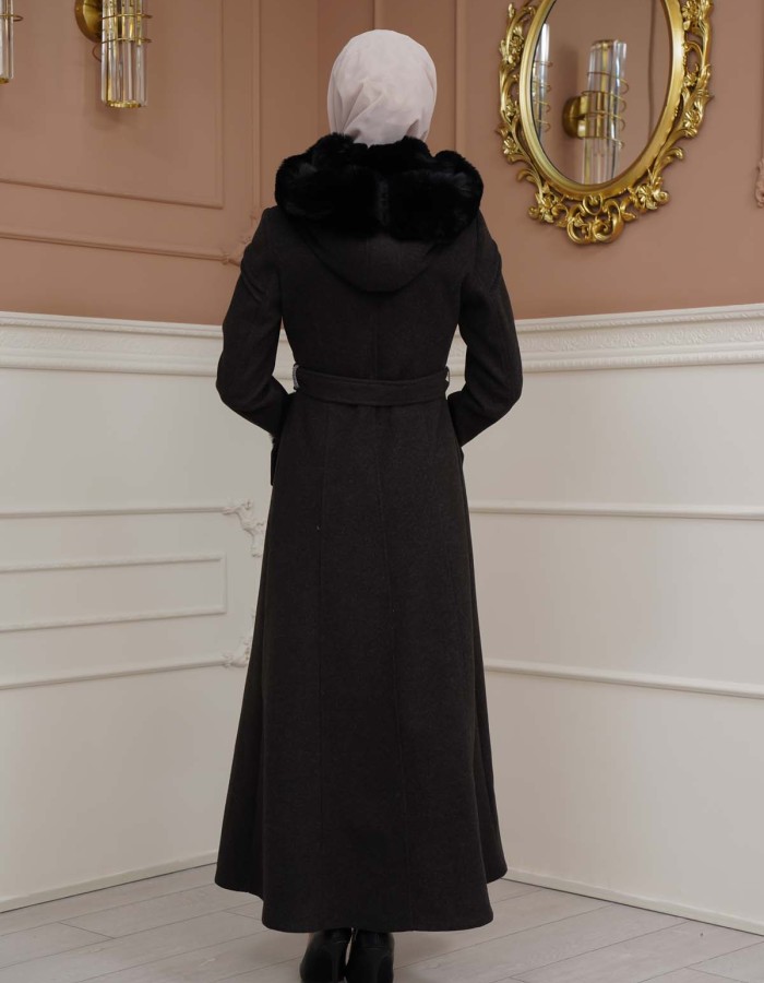 FURRY SLEEVE AND HOOD HIJAB TOPCOAT 1356 - black