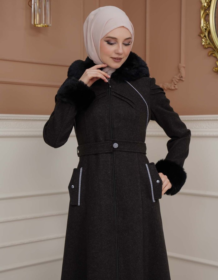FURRY SLEEVE AND HOOD HIJAB TOPCOAT 1356 - black
