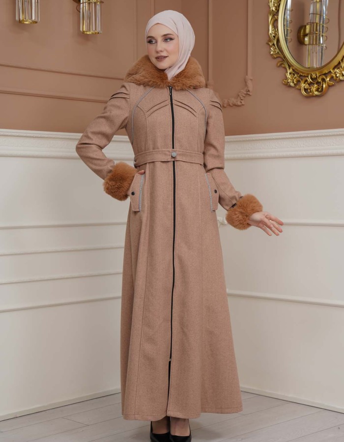 FURRY SLEEVE AND HOOD HIJAB TOPCOAT 1356 - light brown