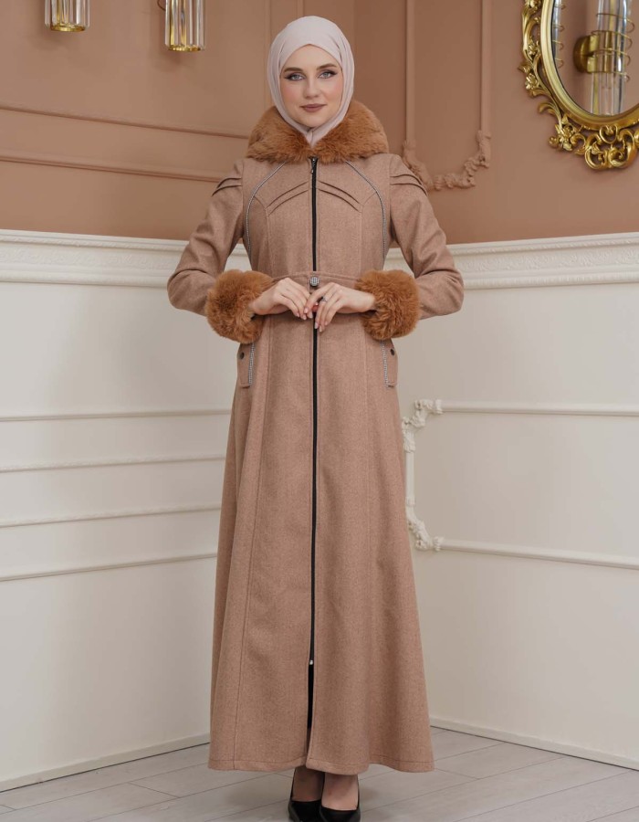 FURRY SLEEVE AND HOOD HIJAB TOPCOAT 1356 - light brown
