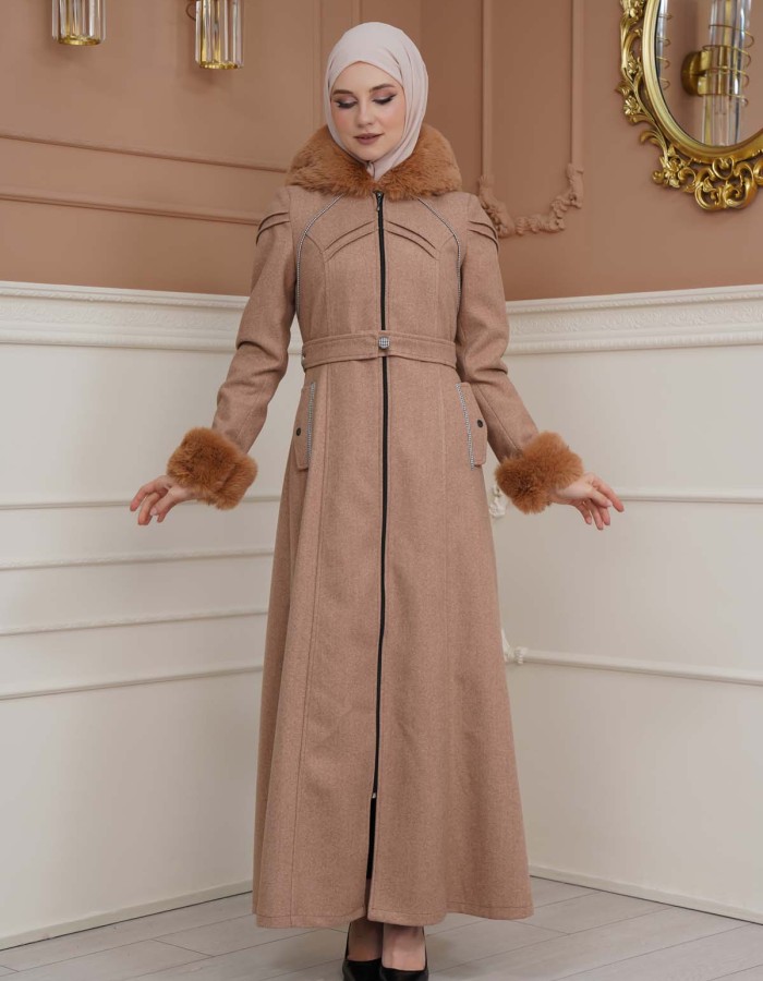 FURRY SLEEVE AND HOOD HIJAB TOPCOAT 1356 - light brown