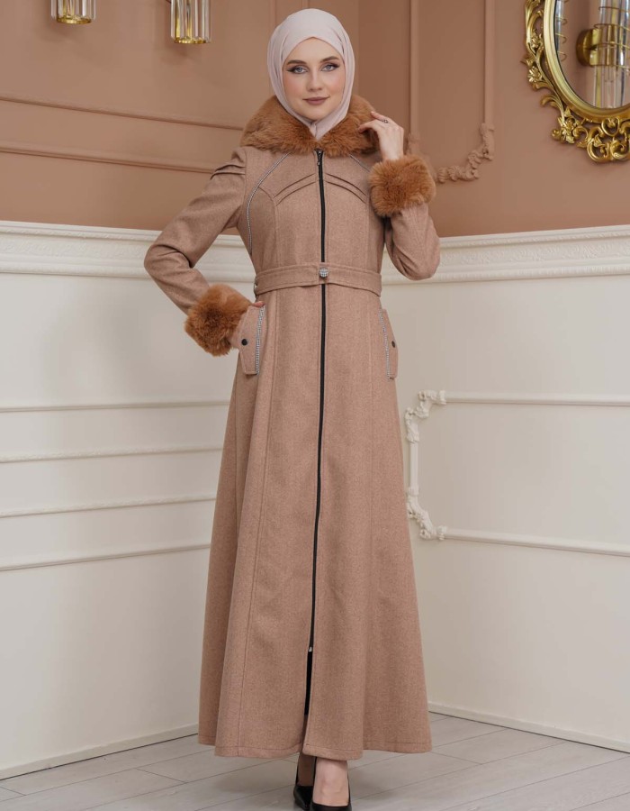 FURRY SLEEVE AND HOOD HIJAB TOPCOAT 1356 - light brown