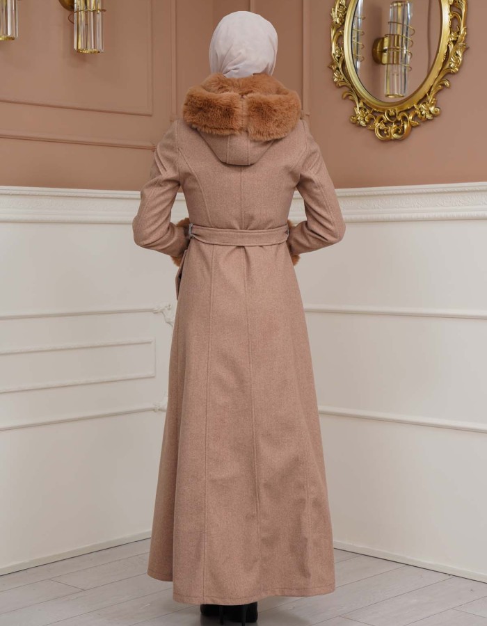 FURRY SLEEVE AND HOOD HIJAB TOPCOAT 1356 - light brown