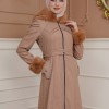 FURRY SLEEVE AND HOOD HIJAB TOPCOAT 1356 - light brown
