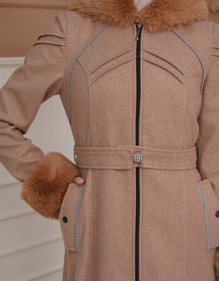 FURRY SLEEVE AND HOOD HIJAB TOPCOAT 1356 - light brown
