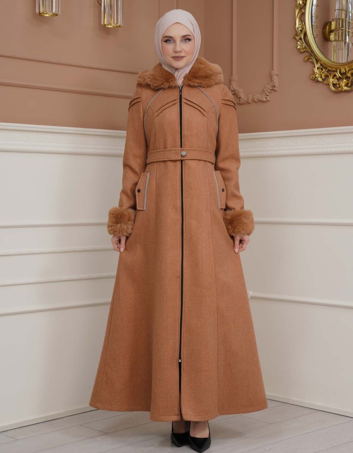 FURRY SLEEVE AND HOOD HIJAB TOPCOAT 1356 - tan