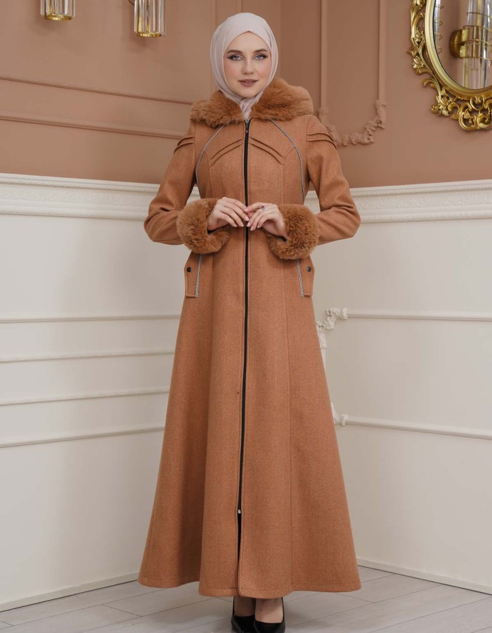 FURRY SLEEVE AND HOOD HIJAB TOPCOAT 1356 - tan