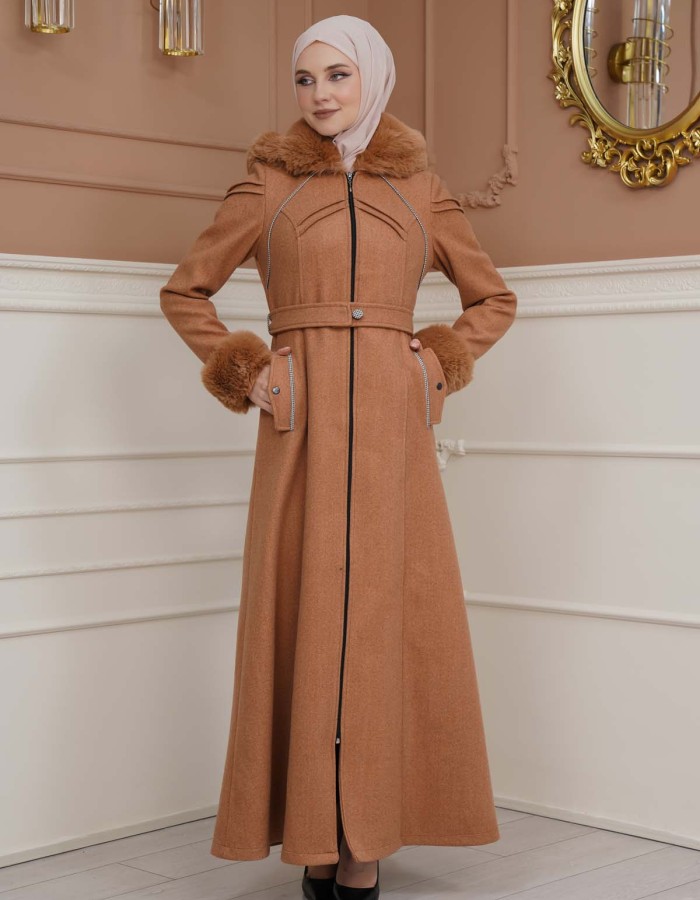 FURRY SLEEVE AND HOOD HIJAB TOPCOAT 1356 - tan