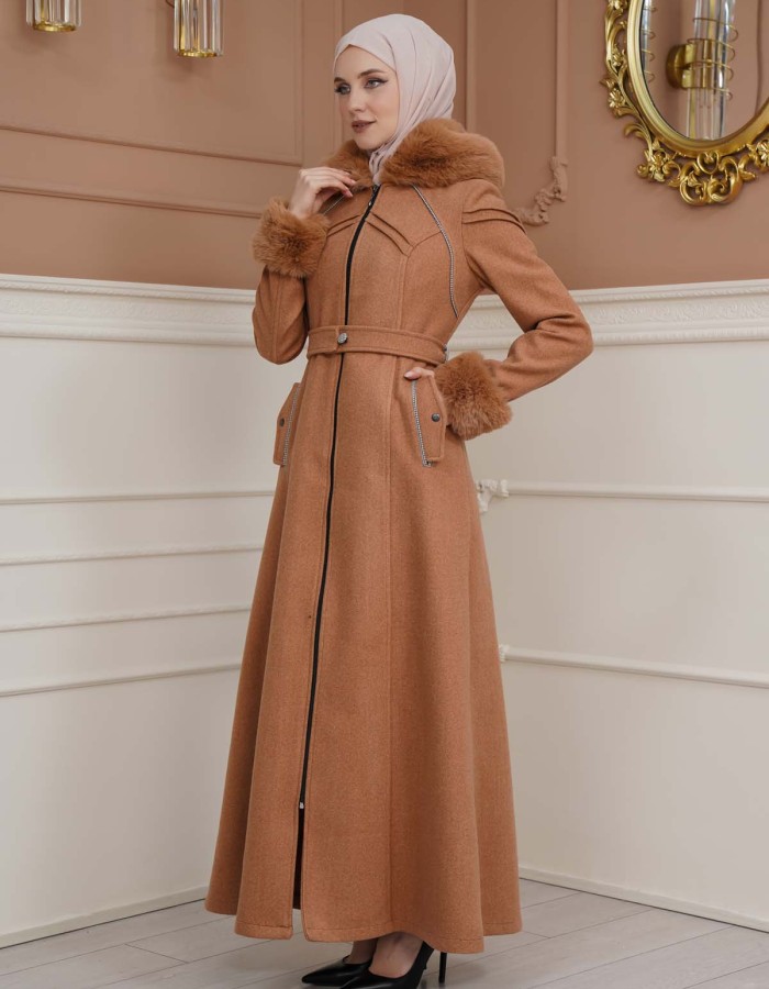FURRY SLEEVE AND HOOD HIJAB TOPCOAT 1356 - tan