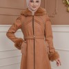FURRY SLEEVE AND HOOD HIJAB TOPCOAT 1356 - tan