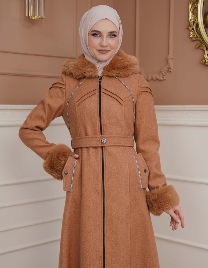 FURRY SLEEVE AND HOOD HIJAB TOPCOAT 1356 - tan