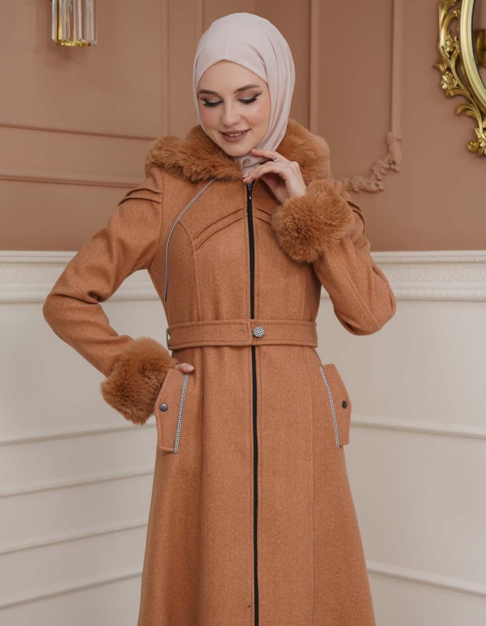 FURRY SLEEVE AND HOOD HIJAB TOPCOAT 1356 - tan