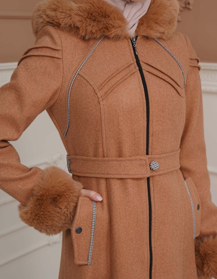 FURRY SLEEVE AND HOOD HIJAB TOPCOAT 1356 - tan