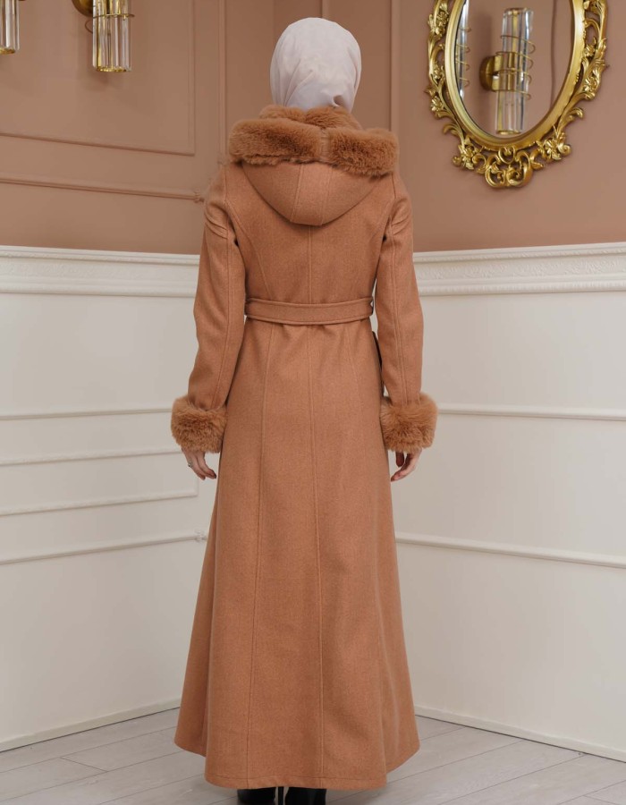 FURRY SLEEVE AND HOOD HIJAB TOPCOAT 1356 - tan