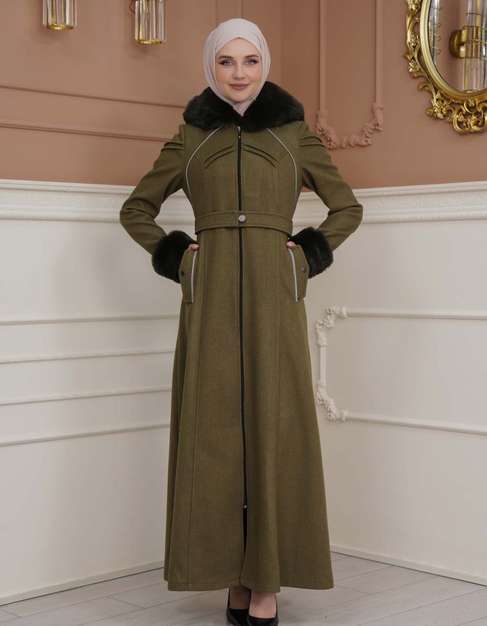 FURRY SLEEVE AND HOOD HIJAB TOPCOAT 1356 - khaki